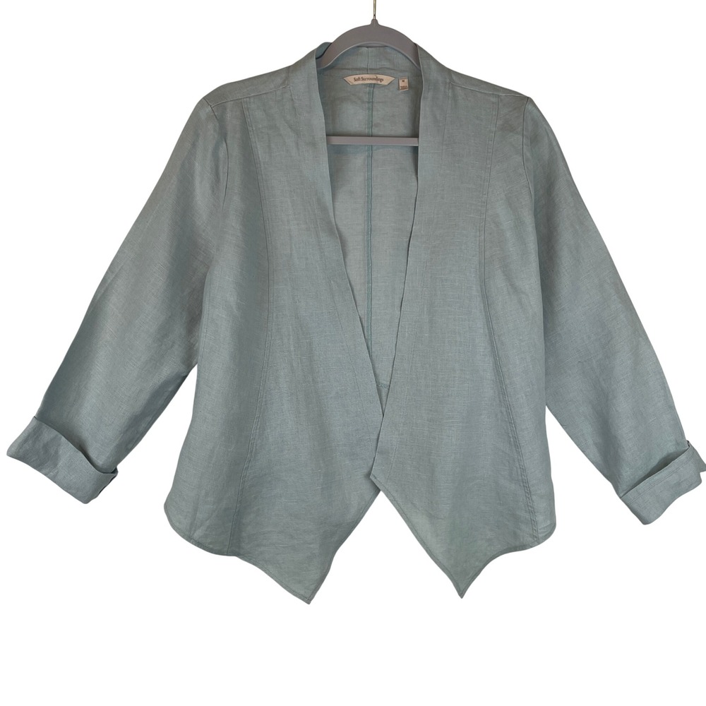 Soft Surroundings‎ Sage Green 100% Linen Open Front Blazer Jacket 2FJ71 Womens M
